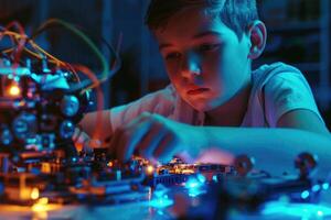 AI generated Boy builds LED robot for school robotics club project. photo