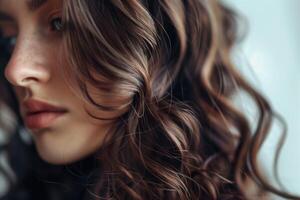 ai generado hermosa modelo con largo brillante ondulado morena cabello. foto