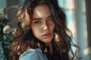 AI generated Brunette girl with long and volume shiny wavy hair . Beautiful woman model with curly hairstyle . photo