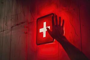 AI generated Hand touching first aid sign in abstract medical background. photo