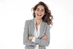 AI generated Joyful businesswoman in grey suit standing with crossed arms. photo