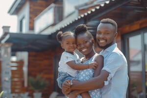 AI generated Happy family with children near new home. photo