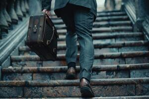 AI generated Man climbing stairs for career success and advancement. photo