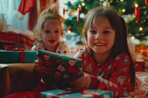 AI generated Children opening gifts on Christmas morning with family. photo