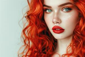 AI generated Fashion portrait of woman with long curly red hair. photo