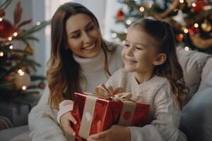 ai generado alegre mamá y hija intercambiar regalos cerca Navidad árbol. foto