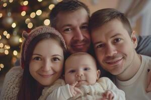 ai generado contento Días festivos con alegre familia jugando cerca Navidad árbol. foto