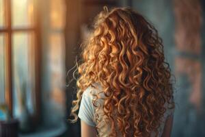 Beautiful girl with luxurious long curly hair  back view portrait. photo