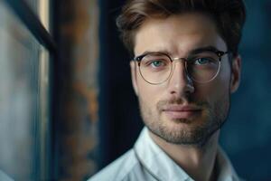 AI generated Portrait of attractive businessman in eyeglasses looking at camera  businessman photo