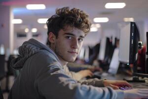 ai generado retrato de un estudiante trabajando en un computadora clase foto