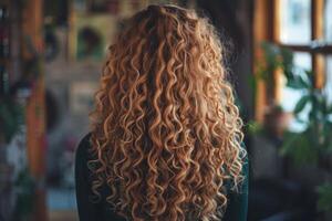 Beautiful girl with luxurious long curly hair  back view portrait. photo