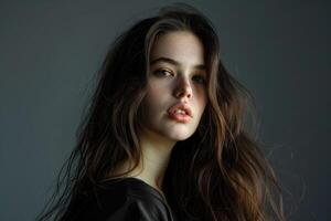 Portrait of beautiful young woman with long hair on gray background photo