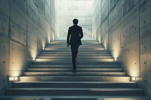 AI generated Rear view businessman climbing on stairs with spot lighting and concrete background photo