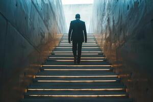 AI generated Rear view businessman climbing on stairs with spot lighting and concrete background photo