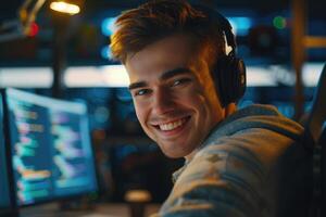 AI generated Ready to detect. Cheerful professional IT man smiling and coding while being involved in work photo