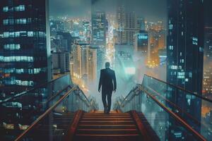 AI generated Businessman climbing city staircase at night  double exposure. photo