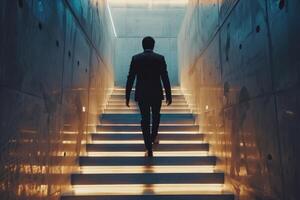 AI generated Rear view businessman climbing on stairs with spot lighting and concrete background photo
