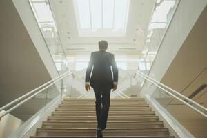 AI generated Rear view of Young businessman climbing stairs in office photo