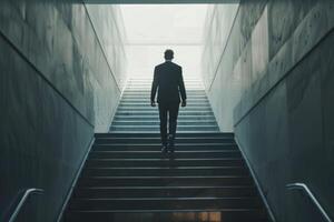 AI generated Businessman climbing stairs towards success. photo