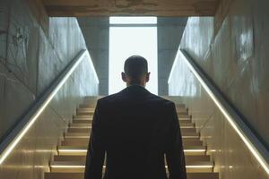 AI generated Businessman climbing stairs towards success. photo