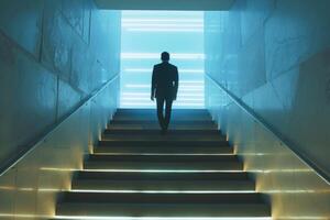 AI generated Businessman climbing stairs towards success. photo