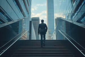 AI generated Businessman climbing stairs to city center symbolizes success and appreciation. photo