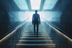 AI generated Businessman climbing stairs towards success. photo