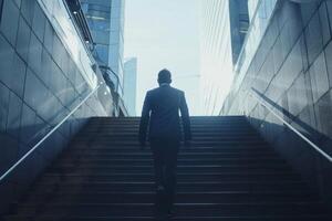 AI generated Businessman climbing stairs towards success. photo