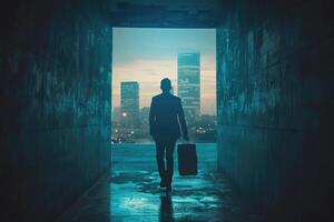 AI generated Businessman with suitcase exits dark room into city  fresh start. photo