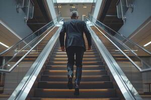 AI generated Rear view of a middle aged businessman running up a flight of stairs in the airport photo