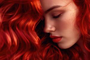 ai generado Moda retrato de niña con largo rojo Rizado cabello. foto