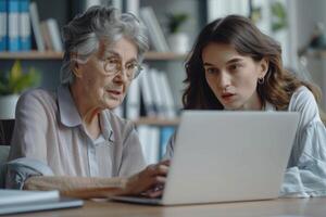 AI generated Experienced mentor teaches computer skills to young employee. photo