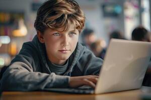 AI generated Smart boy uses laptop for computer science project. photo