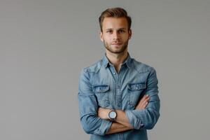 AI generated Young businessman in denim shirt with smartwatch on gray background. photo