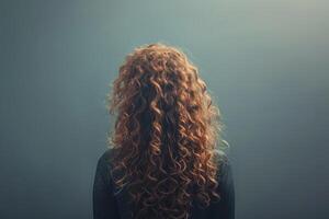 AI generated Young woman with long curly hair on grey background  back view photo