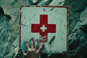AI generated Pressing hand on First Aid sign for assistance. photo
