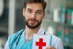 AI generated Male doctor with first aid symbol in healthcare setting. photo