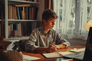 AI generated schoolboy at a desk working on a computer photo