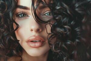 sensual brunette woman with shiny curly silky hair studio shot photo