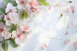 ai generado hermosa flores y tarjeta con texto primavera rebaja en ligero antecedentes foto