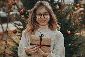 ai generado niña sorpresas mamá con madres día regalos mira elegante al aire libre. foto