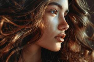 AI generated Beautiful girl with long wavy and shiny hair photo