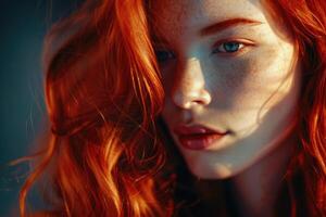 AI generated Beauty redhead girl with long and shiny wavy red hair  Beautiful woman model with curly hairstyle photo