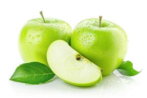 Ripe green apple with leaf and slice isolated on a white background with clipping path photo