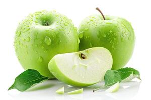 Ripe green apple with leaf and slice isolated on a white background with clipping path photo