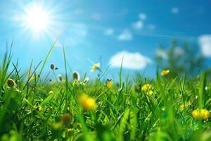 Spring or summer abstract nature background with grass in the meadow and blue sky in the back photo