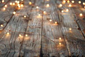 AI generated Christmas rustic background   vintage planked wood with lights and free text space photo