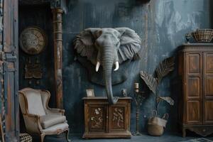 AI generated Giant Taro Elephant ears in a dark gray room with vintage decorations. photo