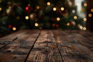 AI generated High resolution wooden table in Christmas interior for product placement in landscape photo
