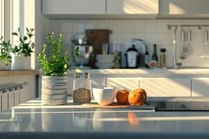 AI generated Kitchen and hotel interior with high resolution accessories. photo